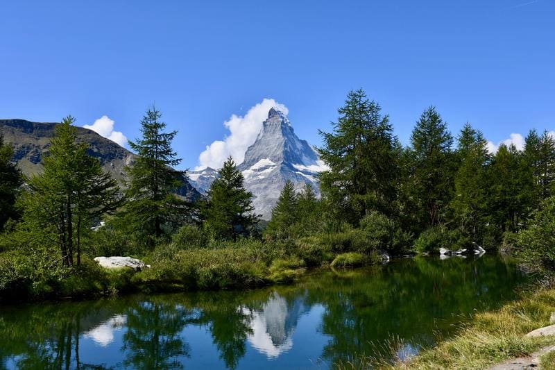 Mont Cervin reflet dans un lac et forêt