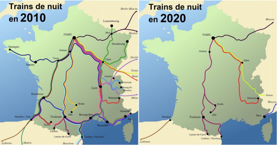 Carte comparaison réseau trains de nuit 2010 - trains de nuit 2020