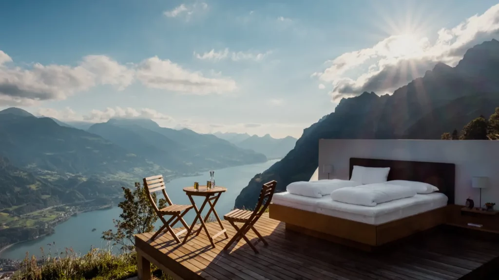 hôtel de jour : chambre au dessus d'un lac en montagne