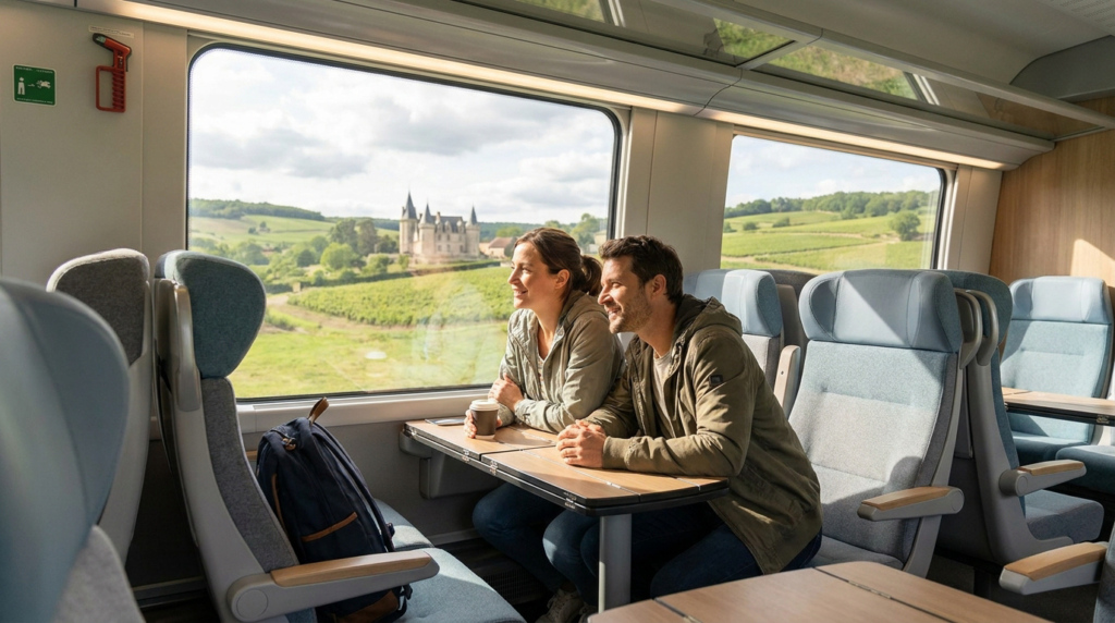 A man and woman sit at a table inside a modern train, smiling as they look out the window at green fields and a castle in the countryside.